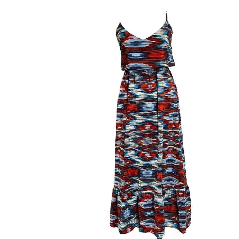 Cynthia Vincent 100% silk light maxi red blue white adjustable maxi dress S